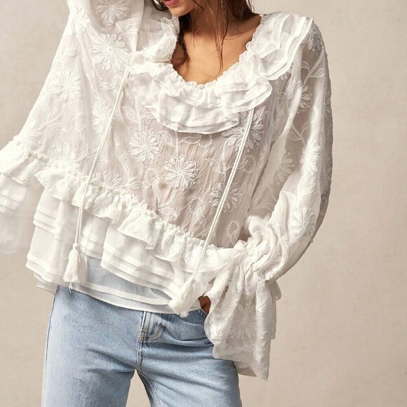 White Boho Women's Blouse - Picture 1 of 7